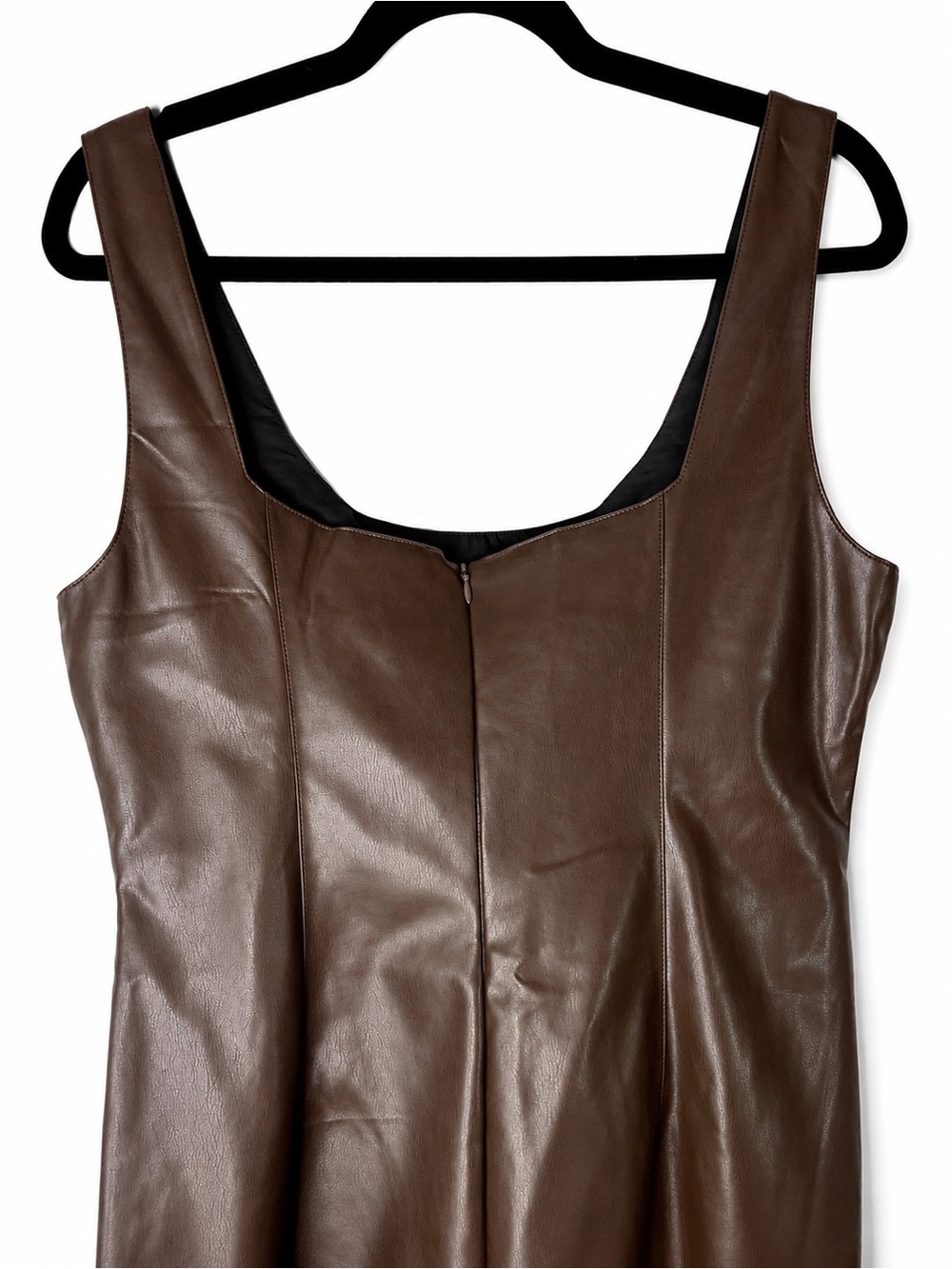 COMMENSE Dark Brown Tone Faux Leather Square Neck Midi Dress Size L NWT - Picture 7 of 16